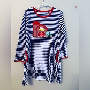 Trotter St. Striped Blue and White Dress with Farm Design